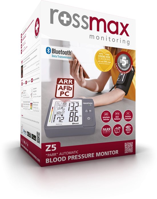 Rossmax Z5 bloeddrukmeter - bovenarm bluetooth - hartstichting gevalideerd - AFib detectie