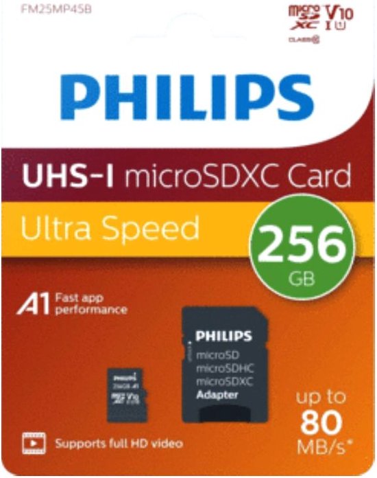 Philips micro SDXC memory card - 256 GB class 10 UHS-I U1 - including adapter