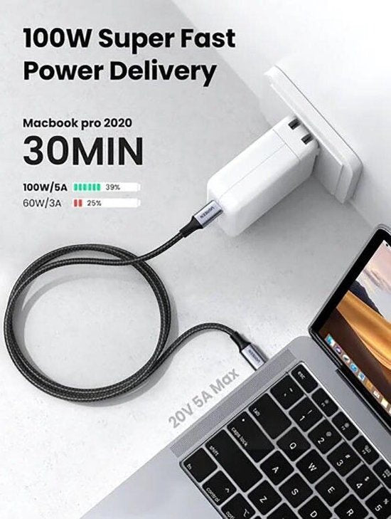 Ugreen USB-C Cable - Braided 100W 5A 1m - Black