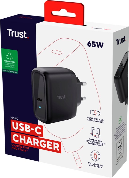 Trust Maxo laptopoplader - USB-C 65W - 2m kabel - Zwart