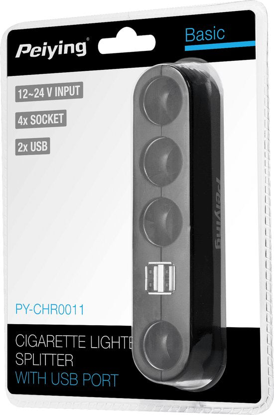 Peiying Basic auto sigarettenaansteker splitter - 4x 12V + 2x USB-A - max 60W - Zwart