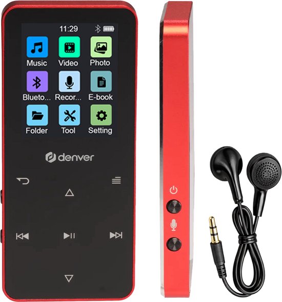 Denver MP3/MP4-speler - MP1830R - bluetooth - shuffle/repeat - SD-kaart tot 128 GB - incl. oordopjes - dictafoon - Rood