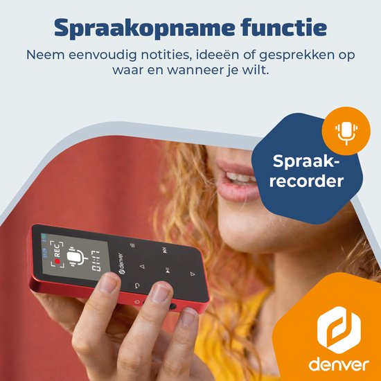Denver MP3/MP4-speler - MP1830R - bluetooth - shuffle/repeat - SD-kaart tot 128 GB - incl. oordopjes - dictafoon - Rood