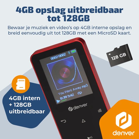 Denver MP3/MP4-speler - MP1830R - bluetooth - shuffle/repeat - SD-kaart tot 128 GB - incl. oordopjes - dictafoon - Rood