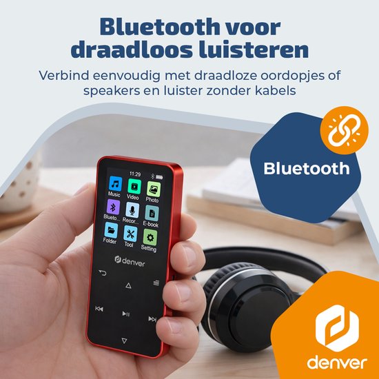 Denver MP3/MP4-speler - MP1830R - bluetooth - shuffle/repeat - SD-kaart tot 128 GB - incl. oordopjes - dictafoon - Rood