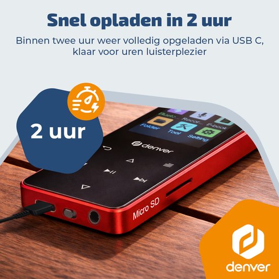 Denver MP3/MP4-speler - MP1830R - bluetooth - shuffle/repeat - SD-kaart tot 128 GB - incl. oordopjes - dictafoon - Rood