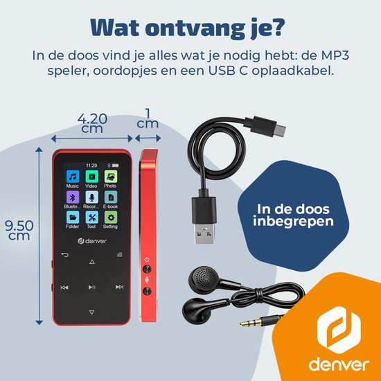 Denver MP3/MP4-speler - MP1830R - bluetooth - shuffle/repeat - SD-kaart tot 128 GB - incl. oordopjes - dictafoon - Rood
