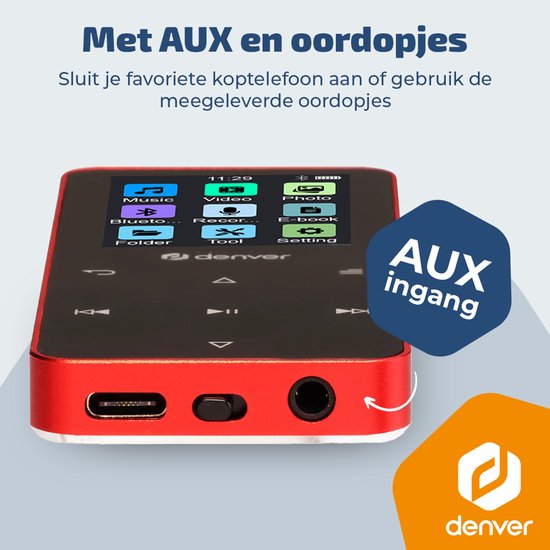 Denver MP3/MP4-speler - MP1830R - bluetooth - shuffle/repeat - SD-kaart tot 128 GB - incl. oordopjes - dictafoon - Rood