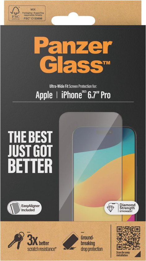 PanzerGlass screenprotector - iPhone 15 Pro Max - Ultra-Wide Fit - installatie frame - Zwart