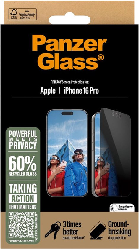 PanzerGlass Ultra-Wide screenprotector - iPhone 16 Pro - case friendly - antibacterieel - privacy glass - met EasyAligner