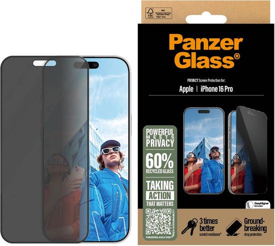 PanzerGlass Ultra-Wide screenprotector - iPhone 16 Pro - case friendly - antibacterieel - privacy glass - met EasyAligner