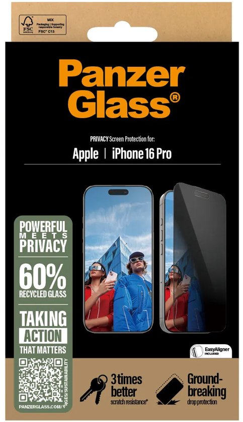 PanzerGlass Ultra-Wide screenprotector - iPhone 16 Pro - case friendly - antibacterieel - privacy glass - met EasyAligner