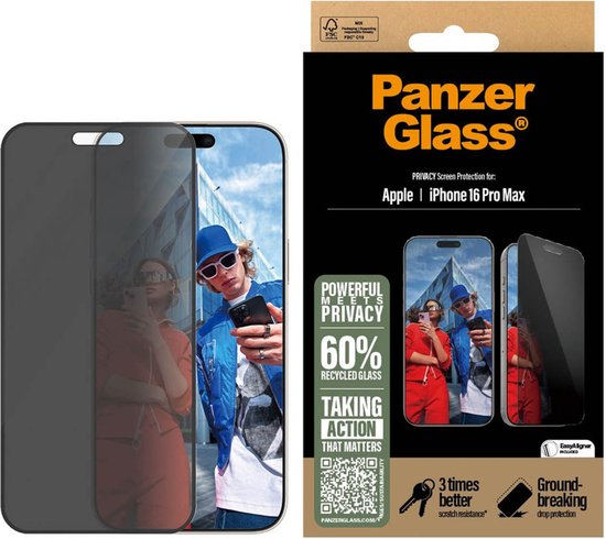 PanzerGlass iPhone 16 Pro Max screenprotector - Ultra-Wide Fit Privacy case friendly - Zwart