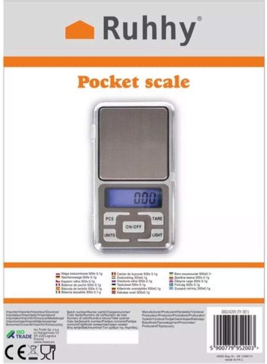 Ruhhy precisieweegschaal - 0,1-500 gram - compact - inclusief batterijen - Zilver