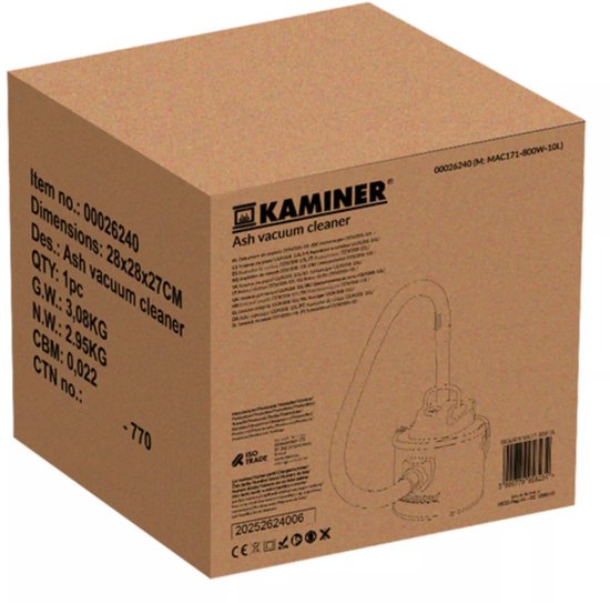 Kaminer as- en openhaardstofzuiger - zakloos 10 liter - 800 W - HEPA dubbel filter - blaasfunctie