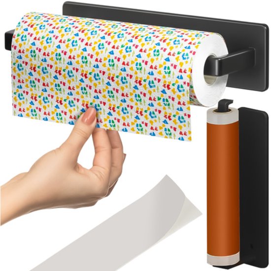 Ruhhy keukenrolhouder - metaal 25 cm - voor keuken en badkamer - montage zonder boren - Zwart