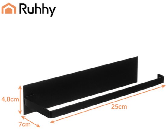 Ruhhy keukenrolhouder - metaal 25 cm - voor keuken en badkamer - montage zonder boren - Zwart