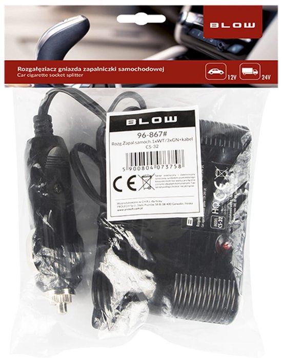 BLOW cigarette lighter splitter - CS-32 - 3 connections 12V/24V - with cable and LED indicator
