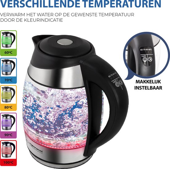 Esperanza EKK026 waterkoker - glas LED verlichting 1,7 liter - instelbare temperatuur