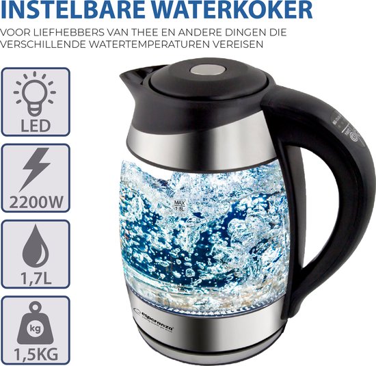 Esperanza EKK026 waterkoker - glas LED verlichting 1,7 liter - instelbare temperatuur