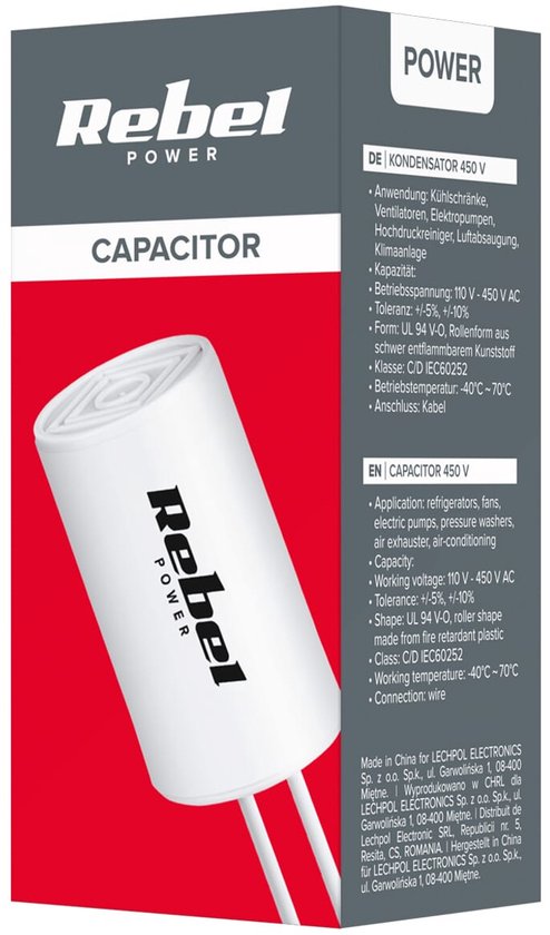 Rebel aanloopcondensator - voor eenfase motoren - 20 µF - 450 V
