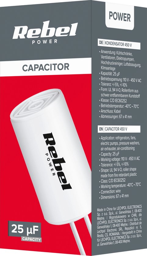 Rebel capacitor - 25 µF - 450 V - for single-phase motors