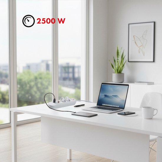 Maclean stekkerdoos - verlengkabel 1,5 m - 3 stopcontacten + 3× USB - max. 2500 watt - Wit