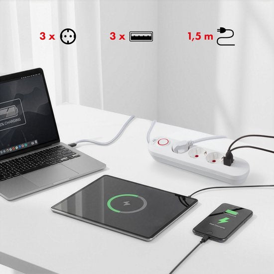 Maclean stekkerdoos - verlengkabel 1,5 m - 3 stopcontacten + 3× USB - max. 2500 watt - Wit