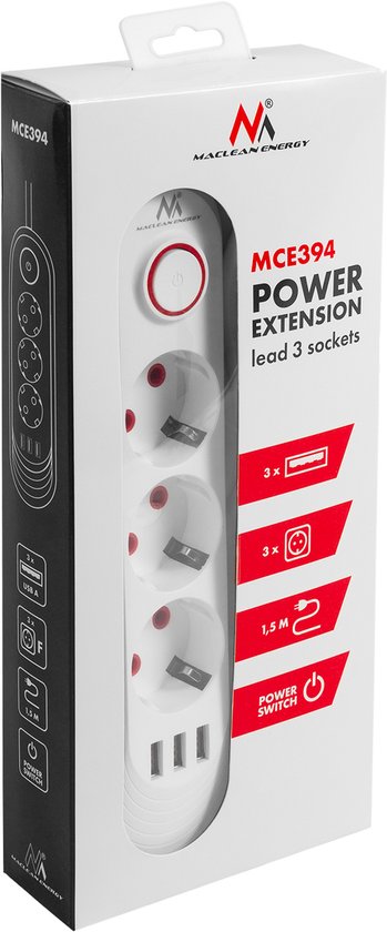 Maclean stekkerdoos - verlengkabel 1,5 m - 3 stopcontacten + 3× USB - max. 2500 watt - Wit