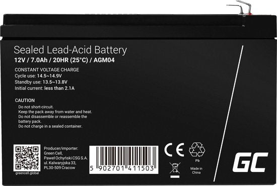 Green Cell VRLA AGM accu - 12V 7Ah - 7000 mAh - 6,3 mm aansluiting