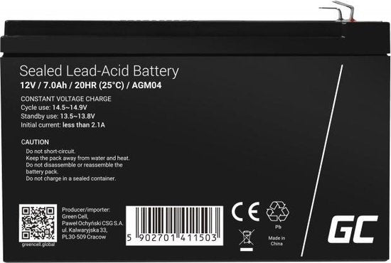 Green Cell VRLA AGM accu - 12V 7Ah - 7000 mAh - 6,3 mm aansluiting
