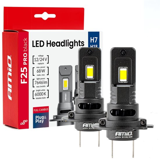 AMiO F25 Black Edition LED headlight bulbs - H7 - 12/24V - 7646 lumen 6000K daylight white - full CANbus