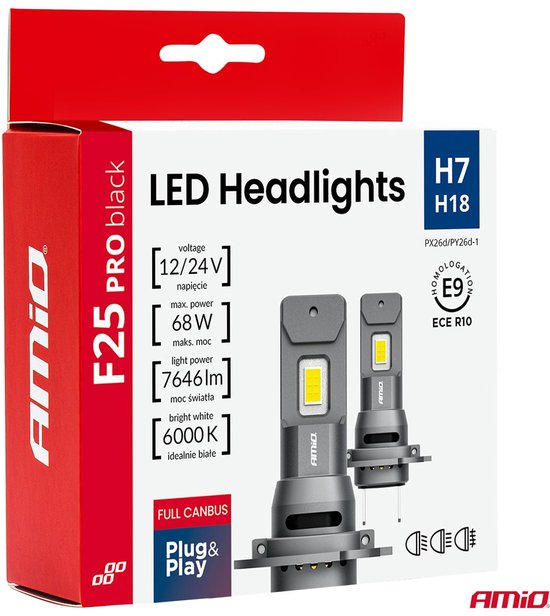 AMiO F25 Black Edition LED headlight bulbs - H7 - 12/24V - 7646 lumen 6000K daylight white - full CANbus