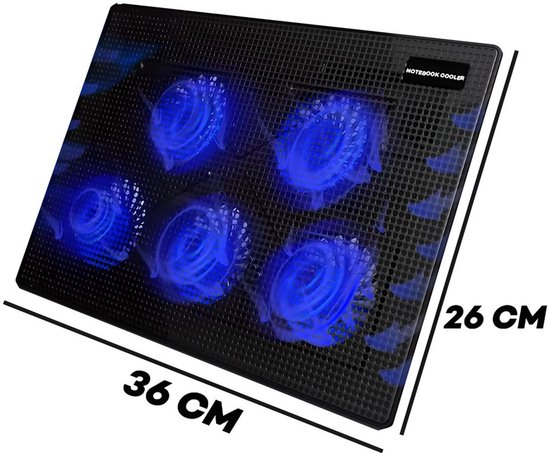 Laptopkoeler - 12 tot 17 inch - 5 fluisterstille ventilatoren met LED - verstelbare laptopstandaard met USB