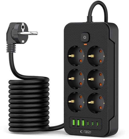 Tech-Protect stekkerdoos - 6 stopcontacten 3 USB-C 3 USB-A schakelaar - Zwart
