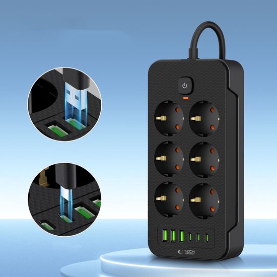 Tech-Protect stekkerdoos - 6 stopcontacten 3 USB-C 3 USB-A schakelaar - Zwart