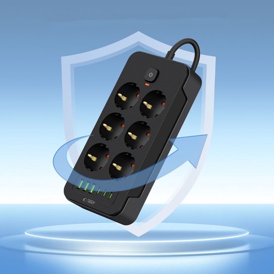 Tech-Protect stekkerdoos - 6 stopcontacten 3 USB-C 3 USB-A schakelaar - Zwart