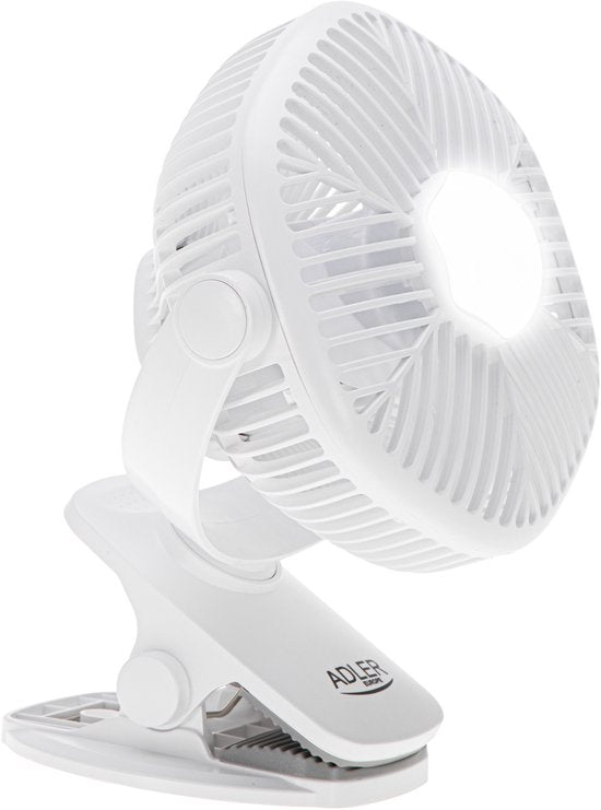 Adler AD 7335 ventilator - draagbaar met klem en LED-verlichting - 3 snelheden - oplaadbaar via USB - 6 watt - Wit