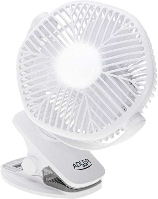 Adler AD 7335 ventilator - draagbaar met klem en LED-verlichting - 3 snelheden - oplaadbaar via USB - 6 watt - Wit
