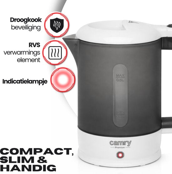 Camry reiswaterkoker - draagbaar 500 ml - 900 watt - droogkookbeveiliging - inclusief 2 kopjes en lepel