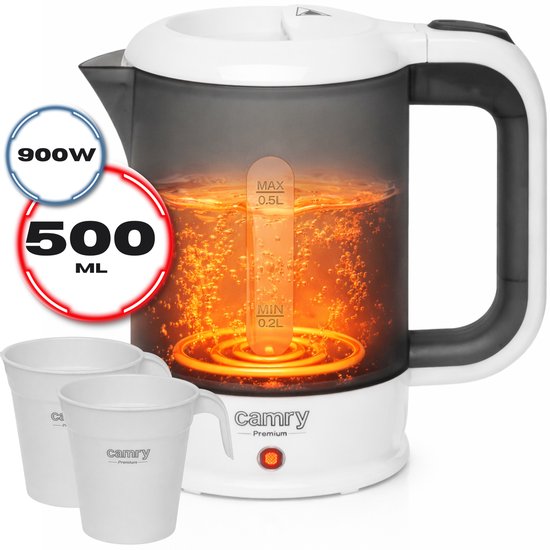 Camry reiswaterkoker - draagbaar 500 ml - 900 watt - droogkookbeveiliging - inclusief 2 kopjes en lepel