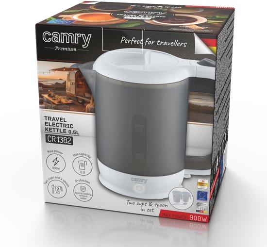 Camry reiswaterkoker - draagbaar 500 ml - 900 watt - droogkookbeveiliging - inclusief 2 kopjes en lepel