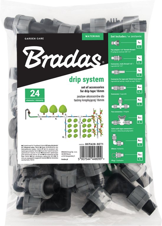 Bradas accessoireset druppelslang - set van 24 - 16 mm - koppelstukken eindkappen en aansluitstukken - voor tuinirrigatie