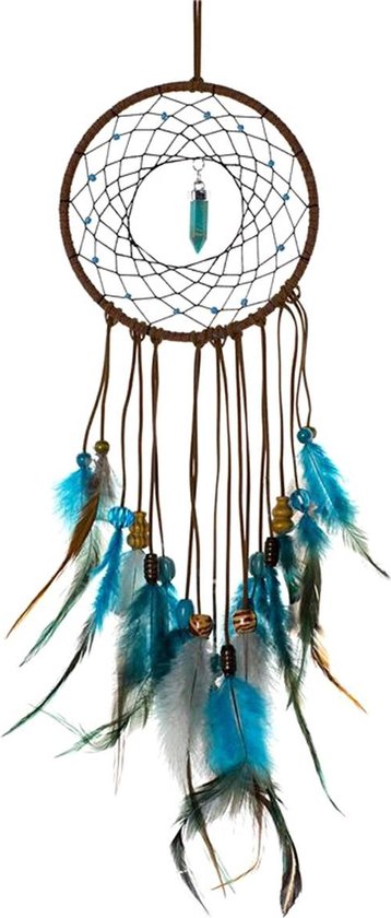Dromenvanger - groot handgemaakt - met stenen kraaltjes veren - Bruin/Blauw