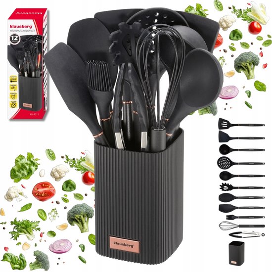 Klausberg kitchen utensils set of 12 - silicone with stand - heat resistant up to 220 °C - Black