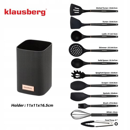 Klausberg kitchen utensils set of 12 - silicone with stand - heat resistant up to 220 °C - Black