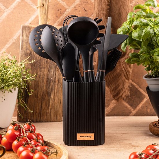 Klausberg kitchen utensils set of 12 - silicone with stand - heat resistant up to 220 °C - Black