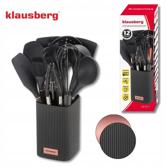 Klausberg kitchen utensils set of 12 - silicone with stand - heat resistant up to 220 °C - Black