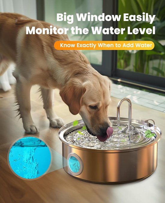 oneisall drinkfontein voor honden - 7 liter - RVS met kijkvenster - LED-licht - 5-laagse filtratie
