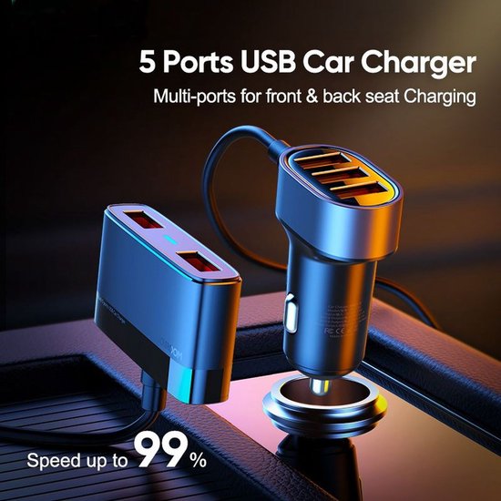 Auto-oplader - 5 USB 3.0 poorten snellader 1,5m kabel - Zwart